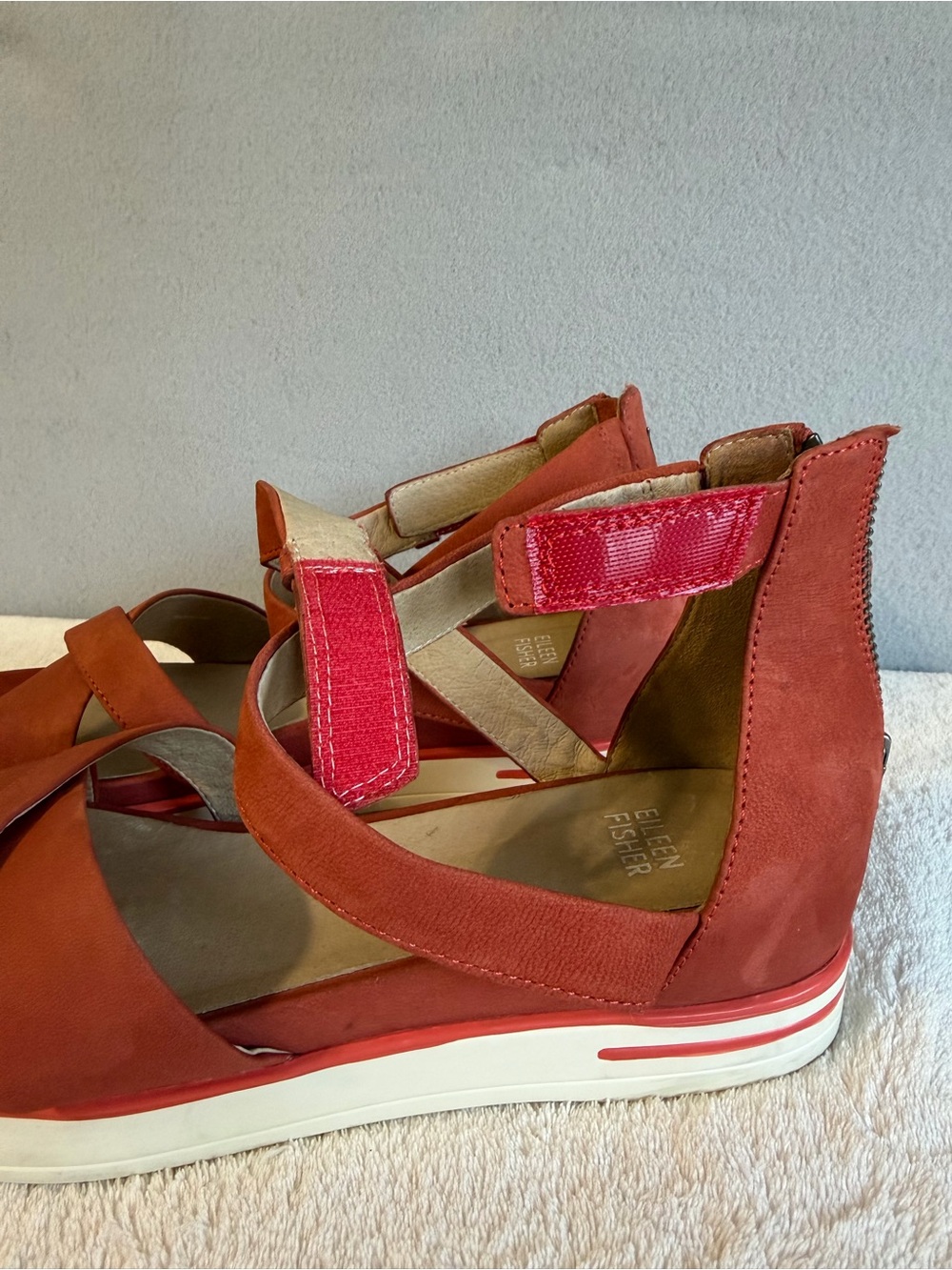 Eileen Fisher SALLY Wedge Sandals Back-Zip Leather Sz 8 Women Orange/White - Picture 7 of 9